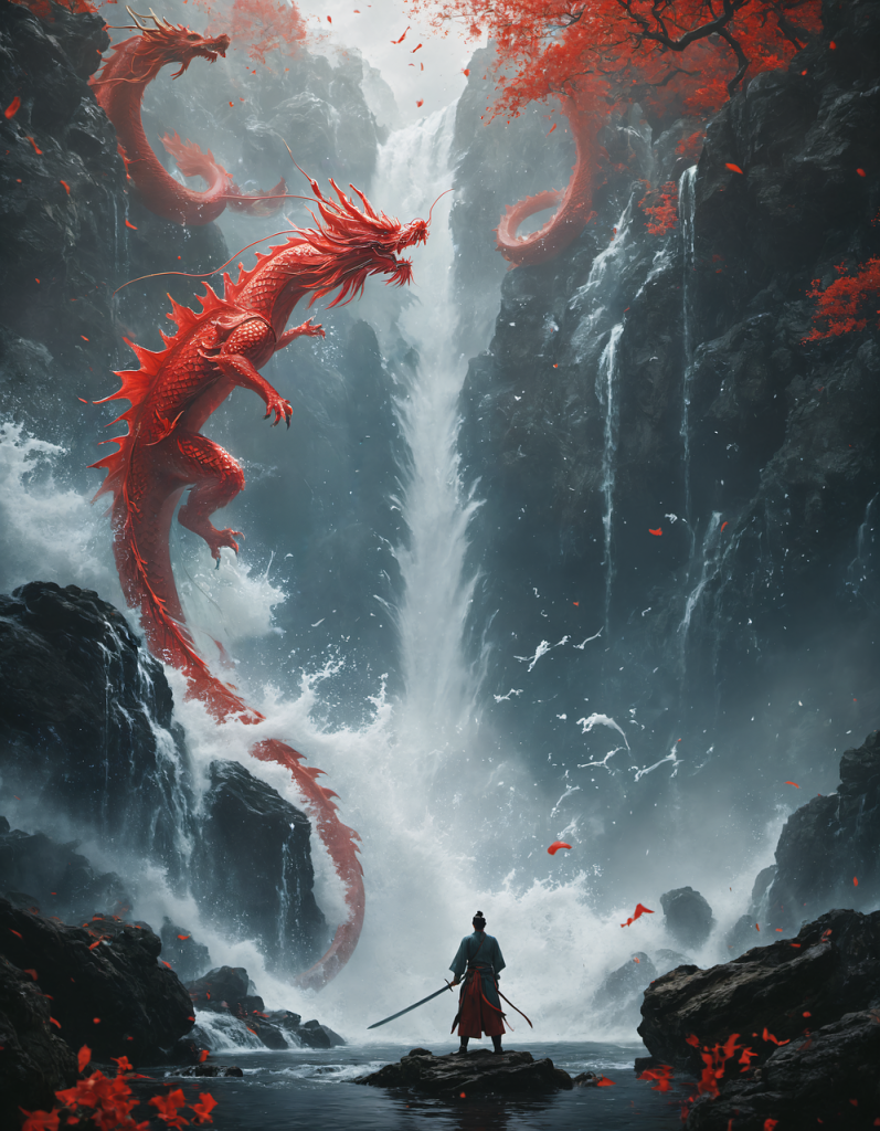 Chinese dragons, lung, flying around a flooding waterfall, as a warrior stands below with sword drawn