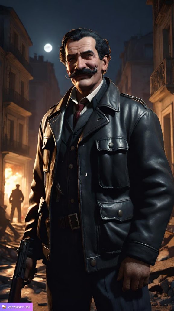 ai rendering of a wwii spy from OP-DEC, Marcel in a leather jacket